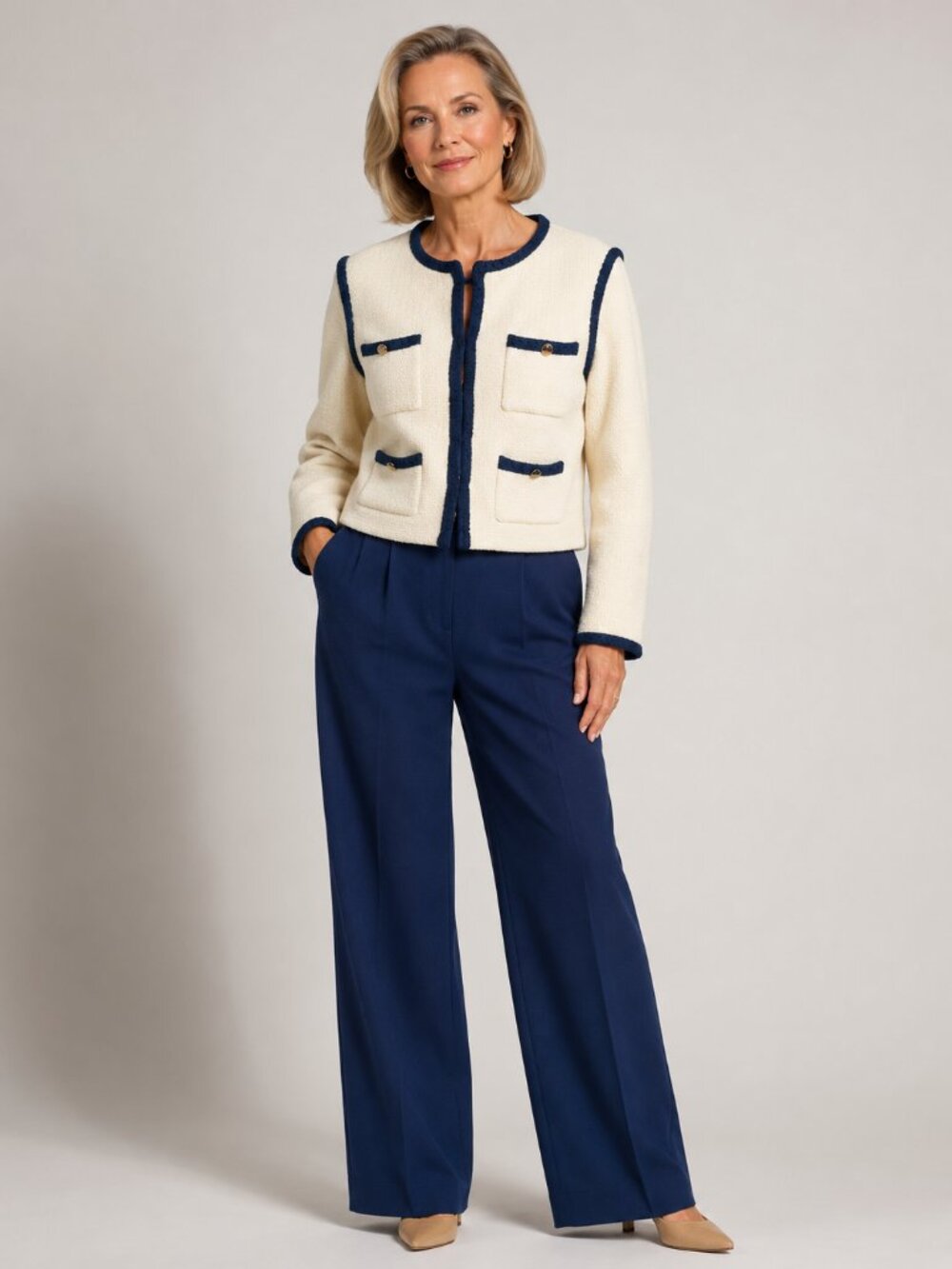 Maeve Anthropologie Sz M Cream Navy Boucle Cropped Lady Jacket Preppy Chic